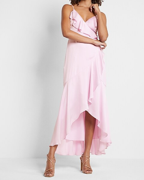 Satin Pin Dot Ruffle Wrap Front Hi-Lo Maxi Dress | Express