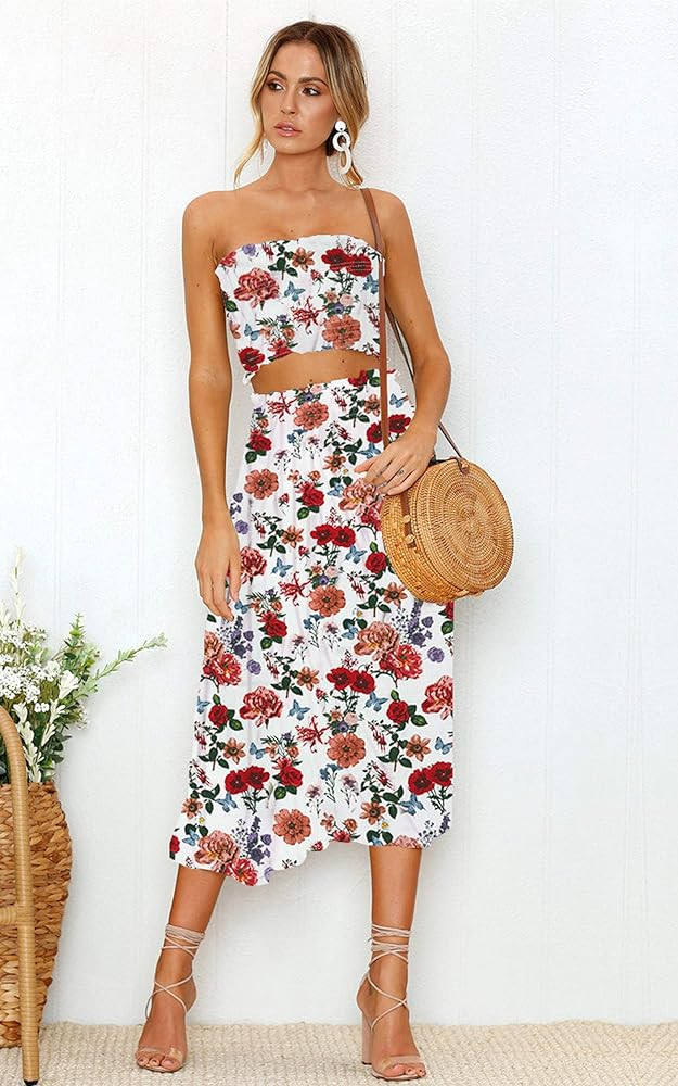 Angashion Women's Floral Crop Top Maxi Skirt Set 2 Piece Outfit Dress Lemon at Amazon Women’s Clothi | Amazon (US)