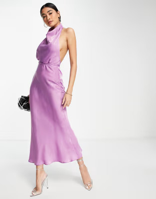 ASOS DESIGN cowl neck halter midi with tie wrap waist | ASOS (Global)