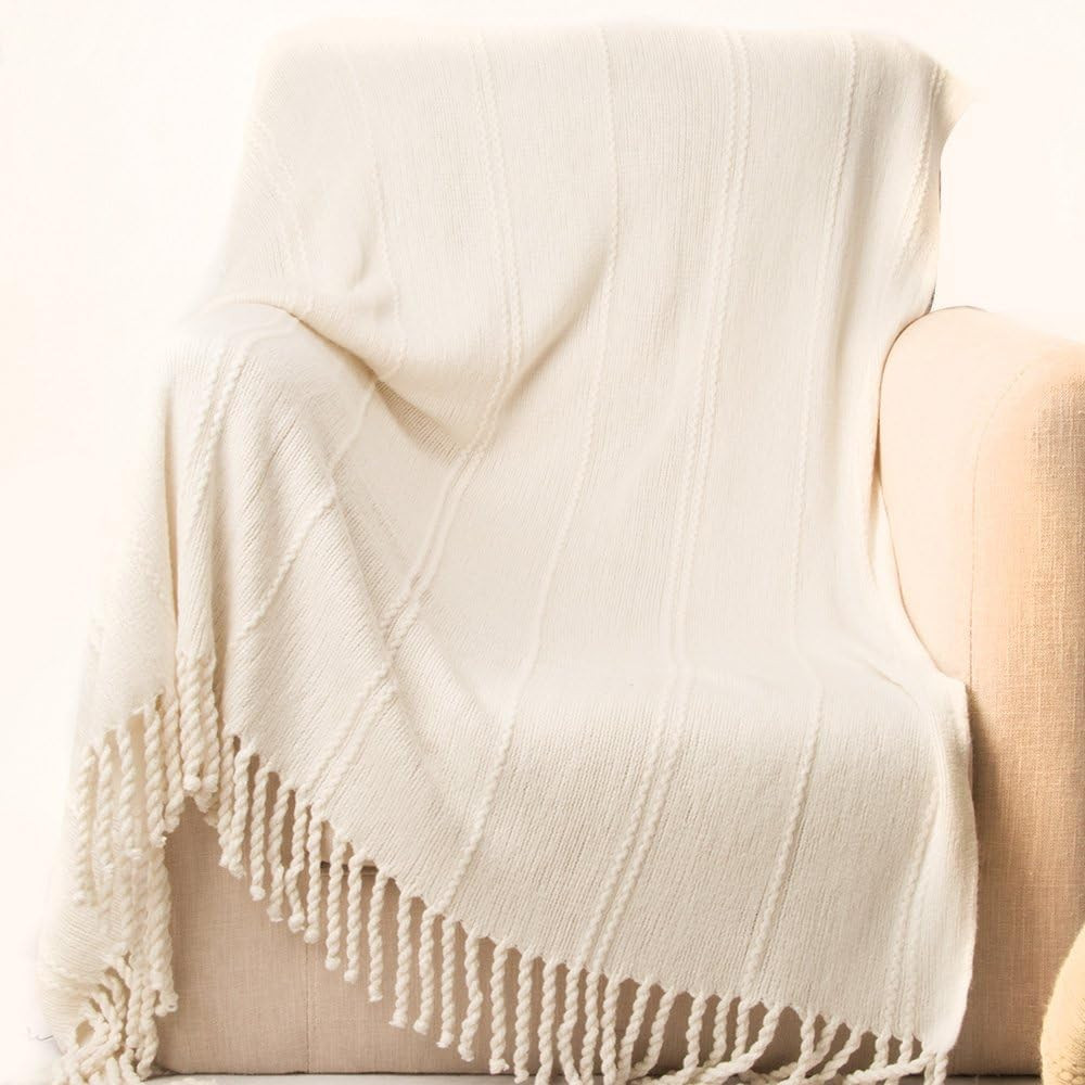 Battilo Inc Cable Knit Woven Luxury Throw Blanket with Tasseled Ends, 50"x 60" White | Amazon (US)