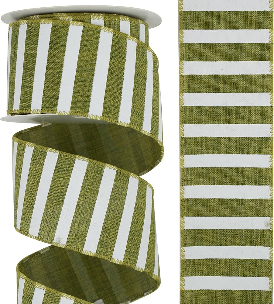 DINDOSAL Moss Green Wired Ribbon 2.5" Horizontal Green White Stripe Burlap Christmas Tree Ribbon ... | Amazon (CA)
