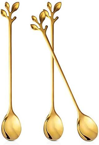 ANYI16 Long Handle Tea Coffee Spoons Set, 7.5" Stainless Steel Gold Leaf Teaspoons for Iced Tea, ... | Amazon (US)
