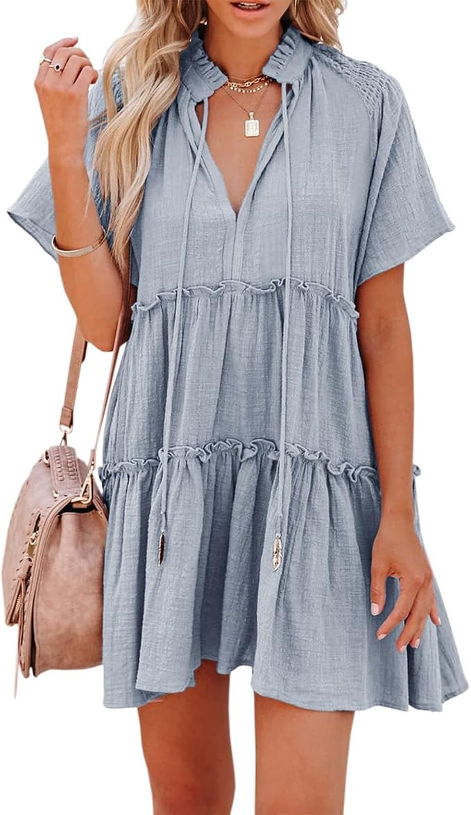 Dellytop Womens Drawstring V Neck Dress Ruffle Tiered Short Sleeve Babydoll Tunic Swing Sundresse... | Amazon (US)