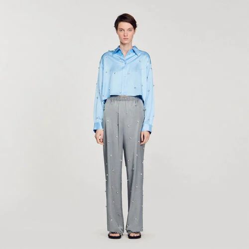 Rhinestone linen trousers | Sandro US | Sandro-Paris US