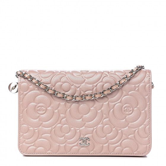 CHANEL Goatskin Camellia Embossed Wallet On Chain WOC Light Pink | Fashionphile