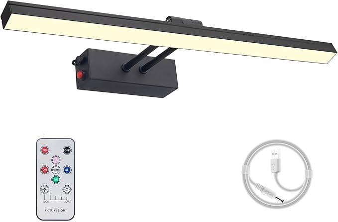 Picture Light,Wireless Battey Operated 5000mAh, 17" Black Picture Light with Remote, Timmer and D... | Amazon (US)