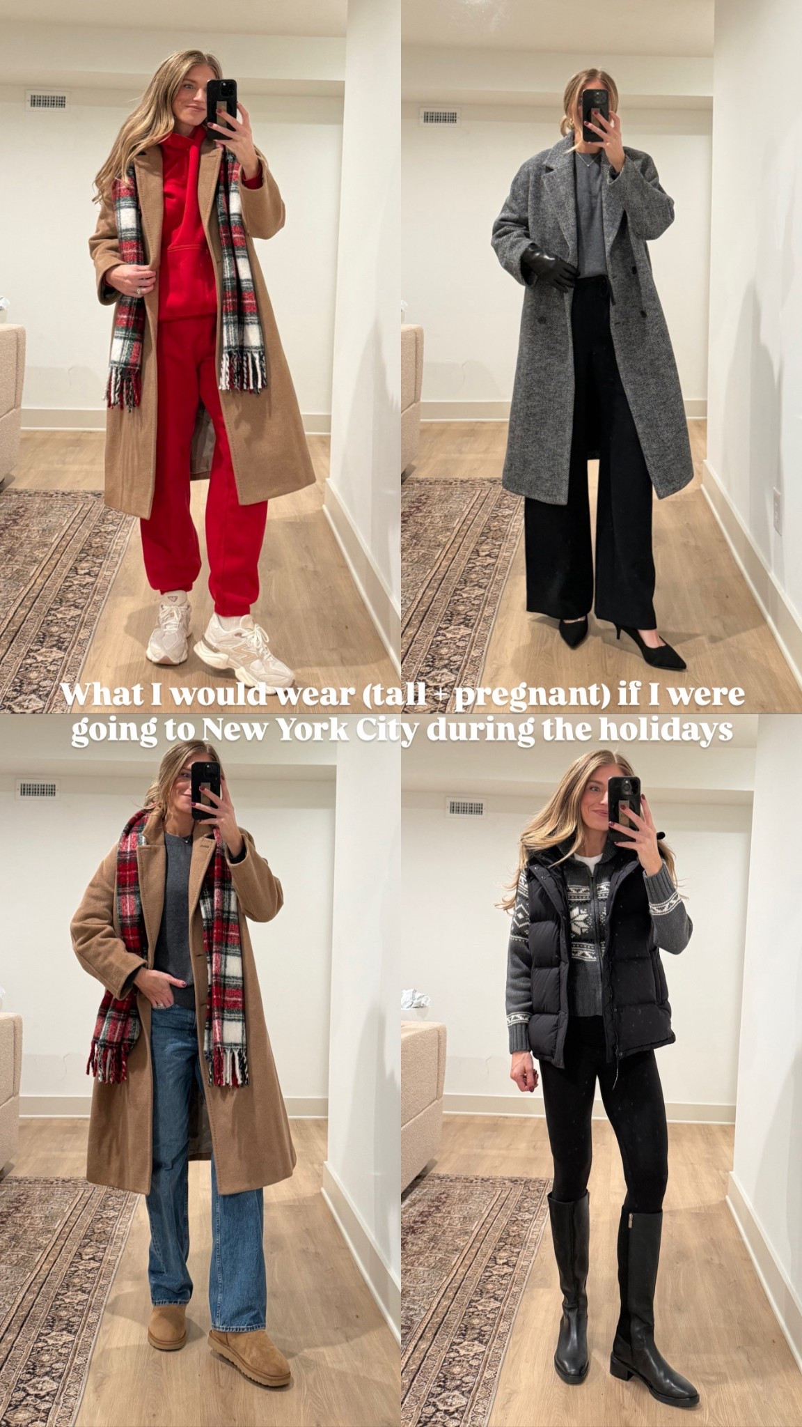 New York City during the holidays outfit ideas. 
Sizing: 
Joggers:Medium Tall  for bump
All tops: medium
Coats: Medium to layer thick sweaters (camel coat now comes in tall sizes!!!)
Drawstring pants: medium tall for bump! Made of a material that is almost impossible to wrinkle. I’ve had mine for over a year and I may have ironed them once!
Leggings: medium for bump
Jeans: run bigger.  Wearing 28 for bump

Holiday travel outfits, lounge set, wool coal, aritzia, Christmas outfit, New York City outfits, tall girl friendly, bump friendly, tall sizes


#LTKTravel #LTKHoliday #LTKTall