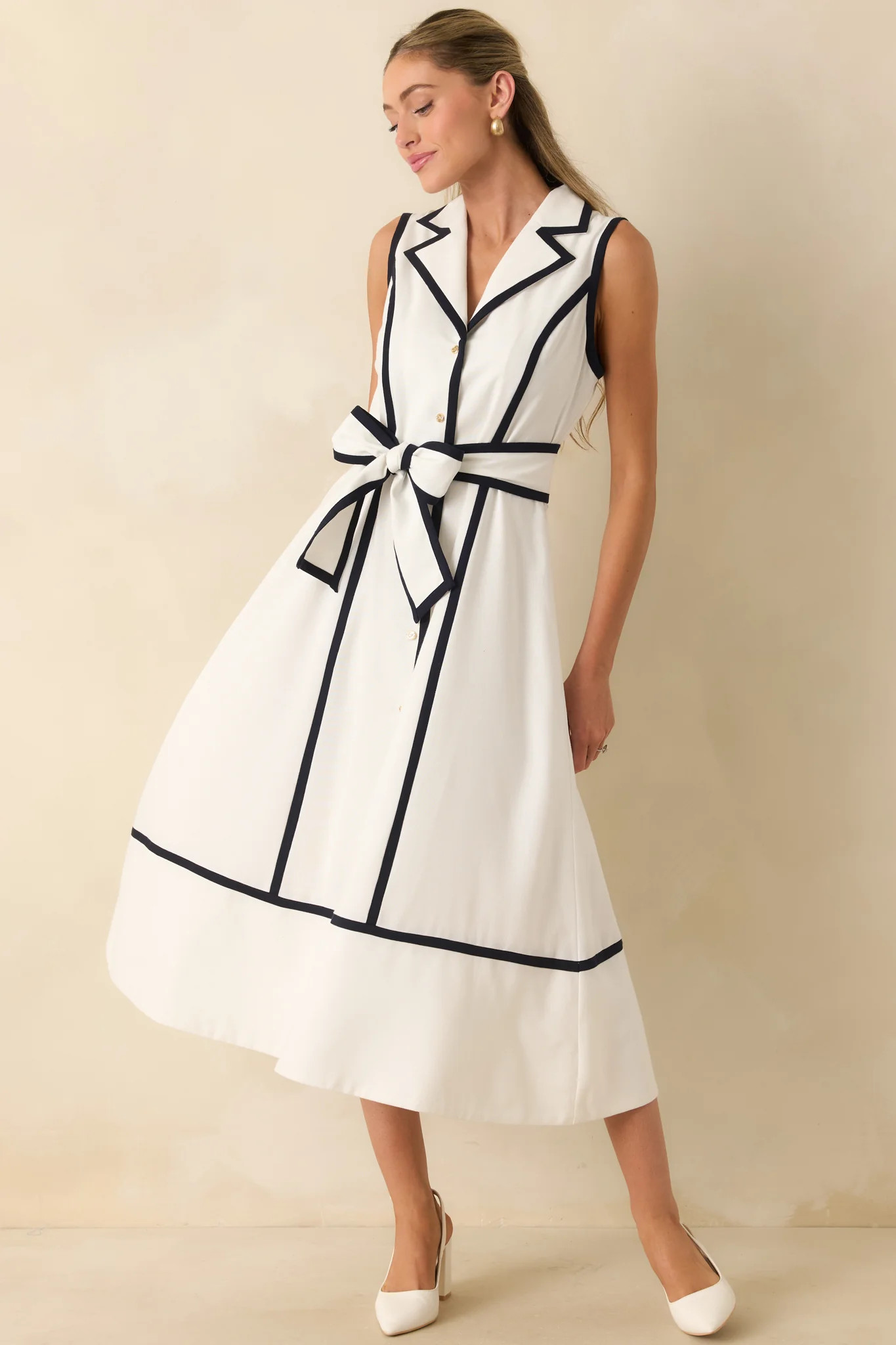 Prosperina Simone White & Navy Contrast Linen Blend Midi Dress | Red Dress