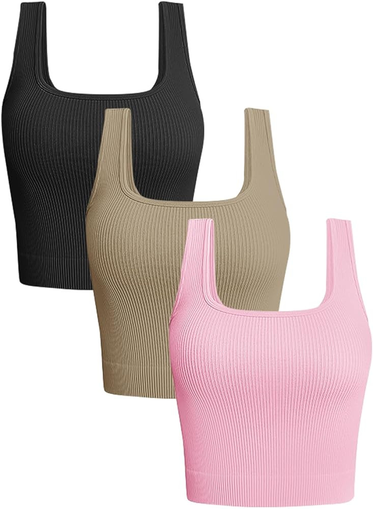 OLCHEE Womens 3 Pack Crop Tank Tops Basic Seamless Ribbed Sleeveless Square Neck Workout Top Summ... | Amazon (US)