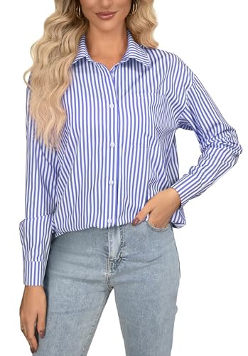 AISEW Womens Striped Button Down Shirts Oversized Long Sleeve Collared Office Work Blouses Tops with Pocket (Striped Blue, 7002S) | Amazon (US)