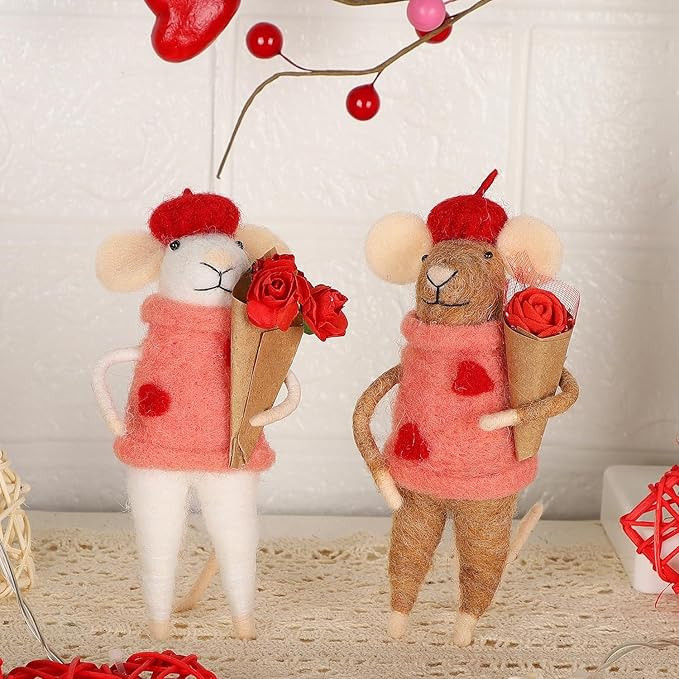 Set of 2 Valentine's Day Felt Mice Ornaments, 4.5" Hanging Wool Mouse Couple Figurine with Bouque... | Amazon (US)