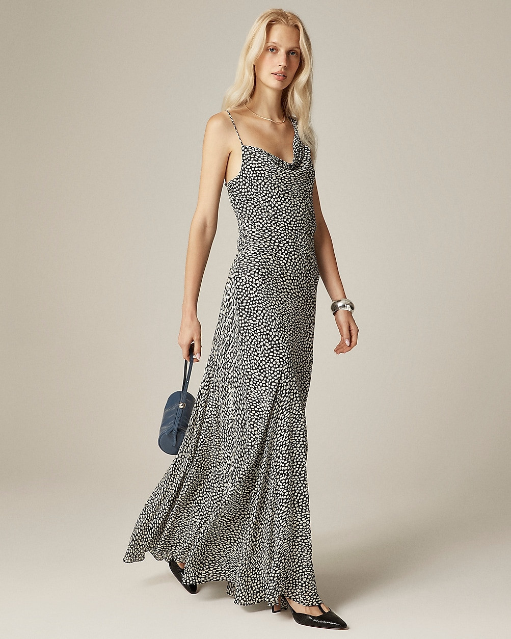 Collection asymmetrical cowlneck dress in spot-print chiffon | J. Crew US
