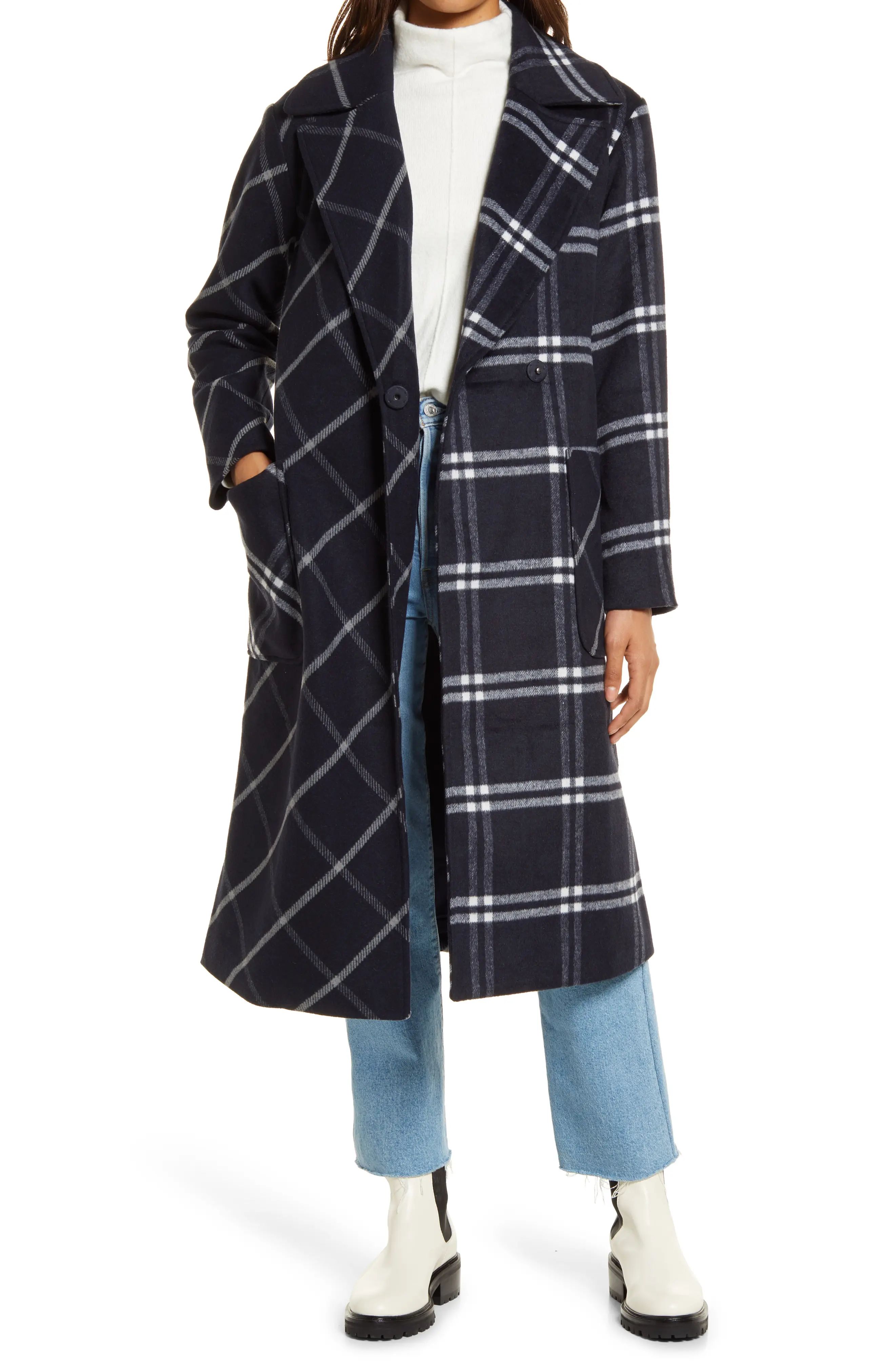 Women's Halogen Women's Plaid Coat, Size Medium - Blue | Nordstrom