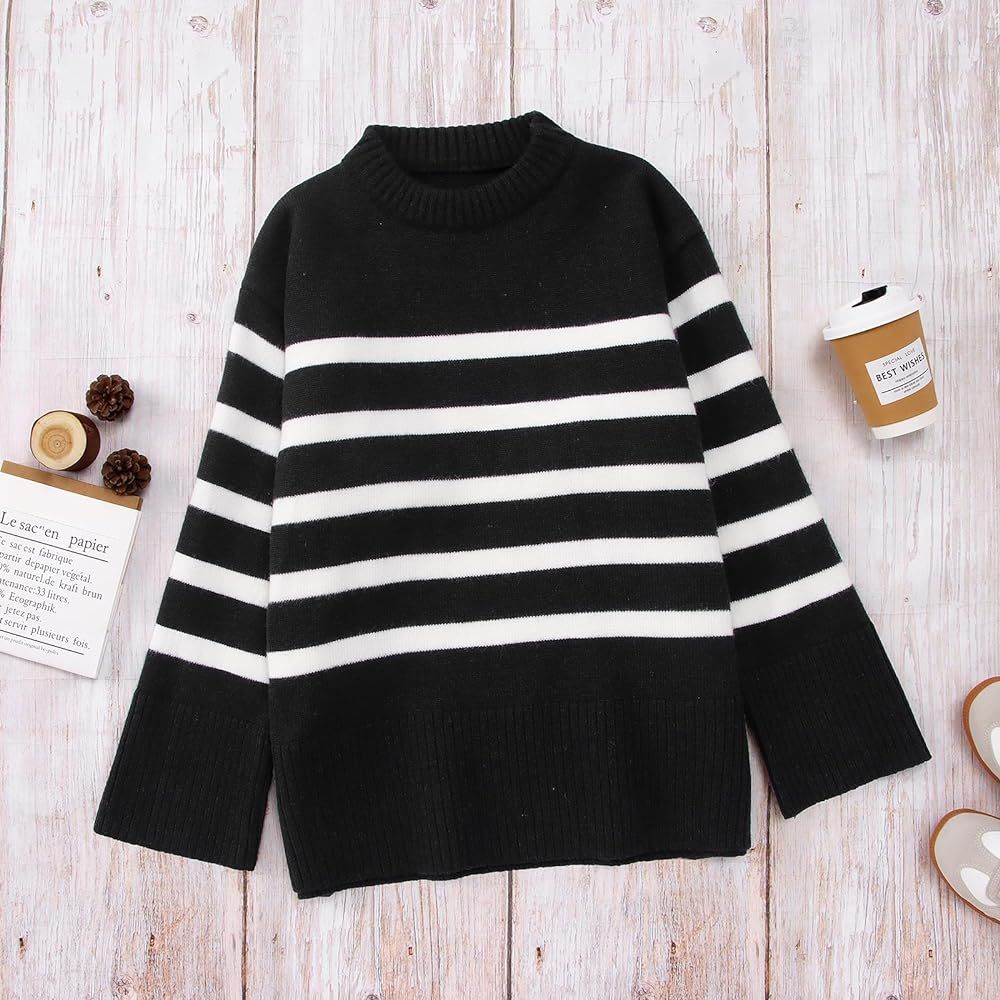 BOUTIKOME Women's Striped Sweater Black and White Striped Sweater Side Slit Knit Long Sleeve Crewneck Pullover Loose Top | Amazon (US)