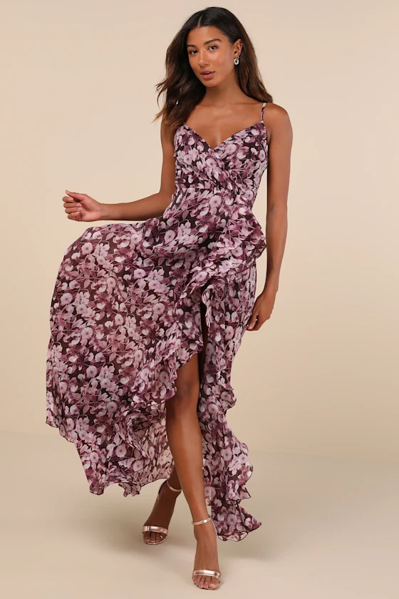 Illustrious Aura Plum Purple Floral Ruffled Surplice Maxi Dress | Lulus