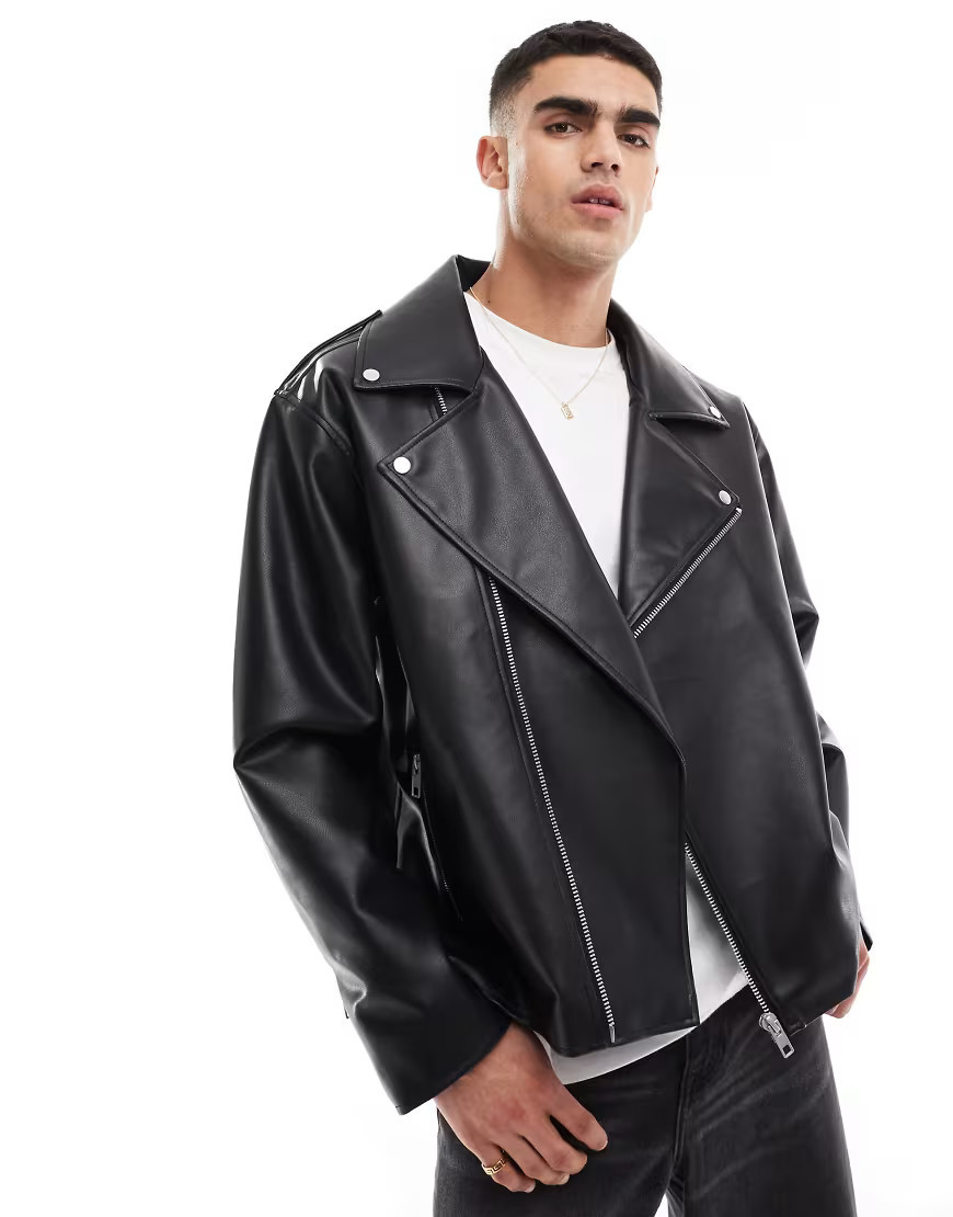 ASOS DESIGN faux leather oversized biker jacket in black | ASOS (Global)