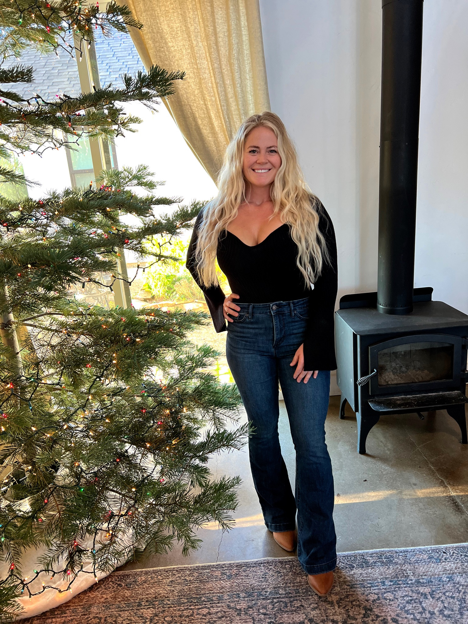 Loving this black bodysuit & high wasted flair jeans !! 

#LTKGiftGuide #LTKstyletip #LTKunder50