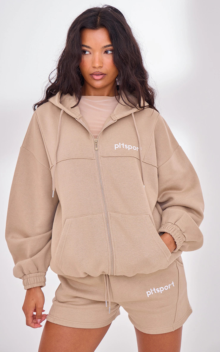 PLT Sport Light Mocha Marl Zip Up Hoodie | PrettyLittleThing US