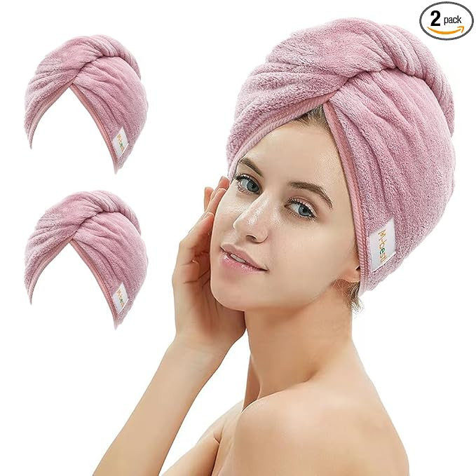 2 Pack Microfiber Hair Towel Wrap,Hair Drying Towel with Button Design,Head Towel to Dry Curly Ha... | Amazon (US)