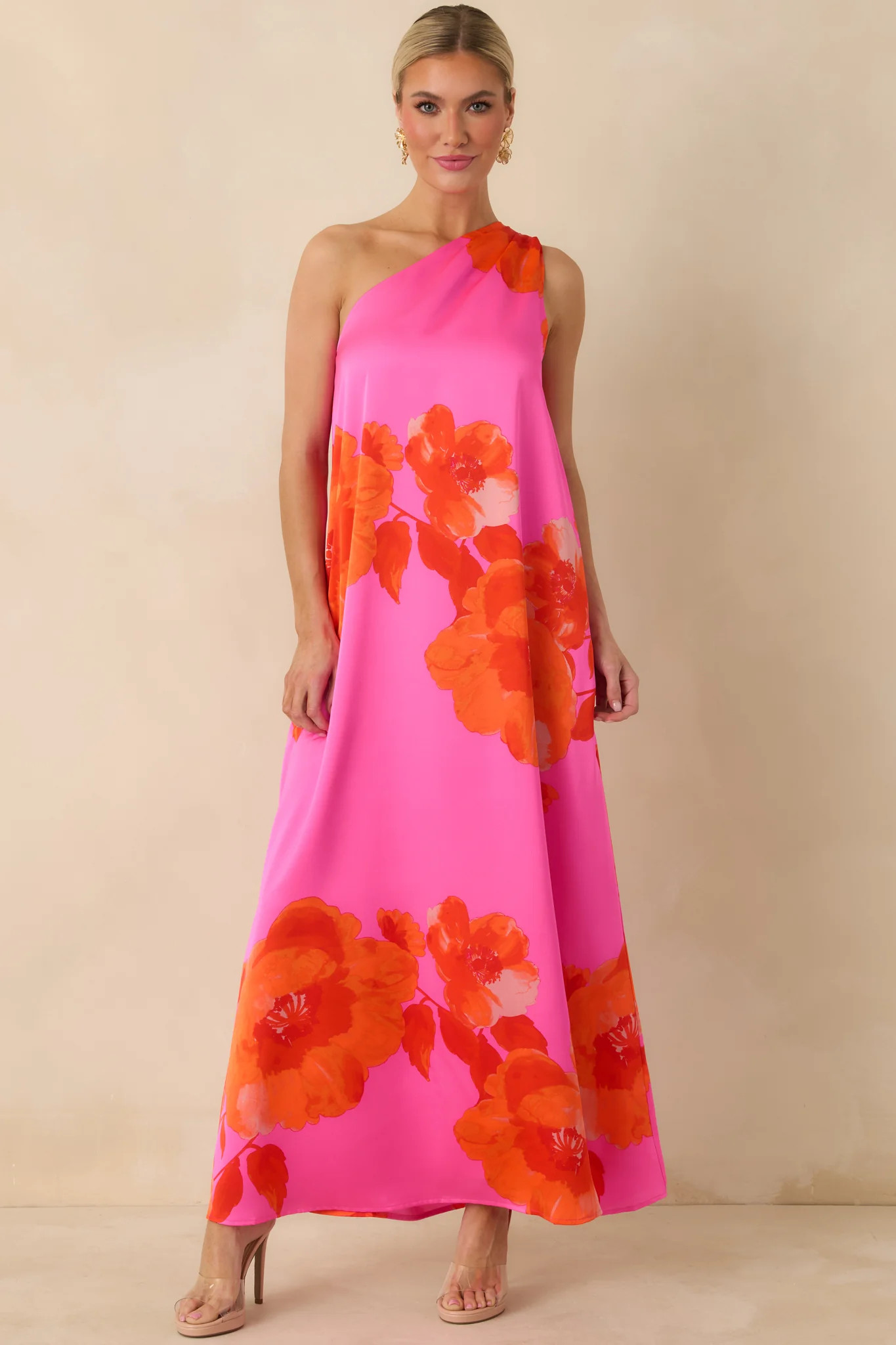 No Introduction Pink Multi Floral Print Satin One Shoulder Maxi Dress | Red Dress