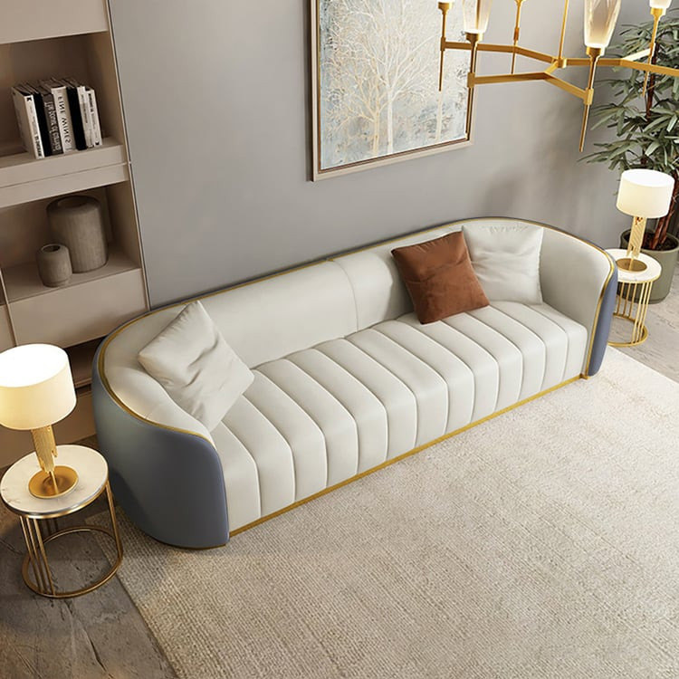 89" Modern Grey & White Faux Leather Upholstered 3-Seater Sofa with Gold Legs | Homary