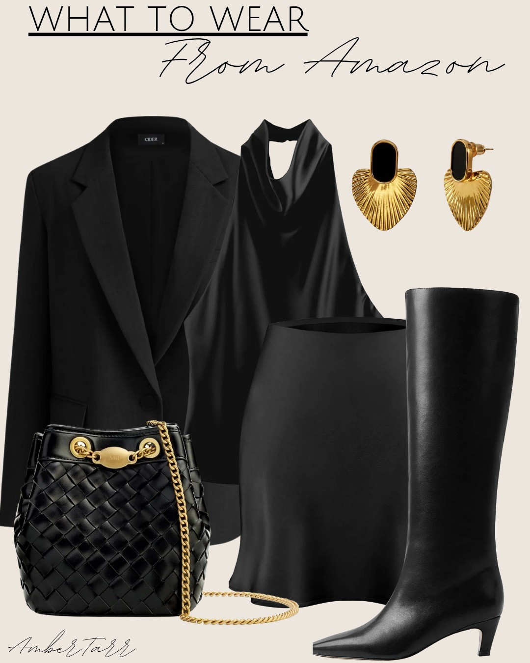 This all-black outfit featuring a black blazer, black satin draped blouse, black satin mini skirt, a quilted black chain bag, black kitten heel boots, and gold shell statement earrings is such an elegant and sophisticated look that feels effortlessly luxe and polished. 

#LTKgrwm #LTKootd #LTKOver40