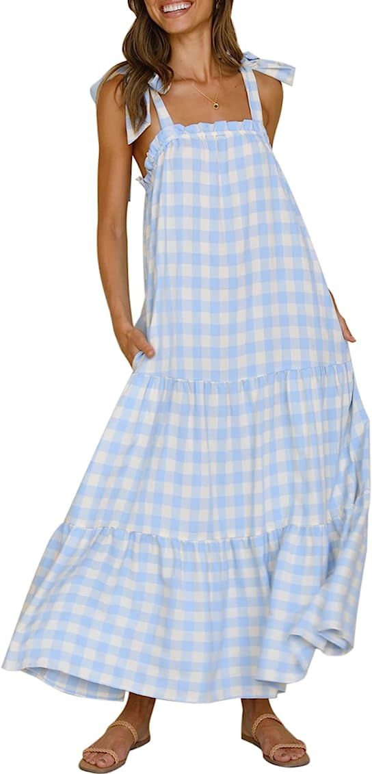 Women's Causal Summer Dress Spaghetti Strap Sleeveless Plaid Beach Boho Long Maxi Dresses with Pocke | Amazon (US)