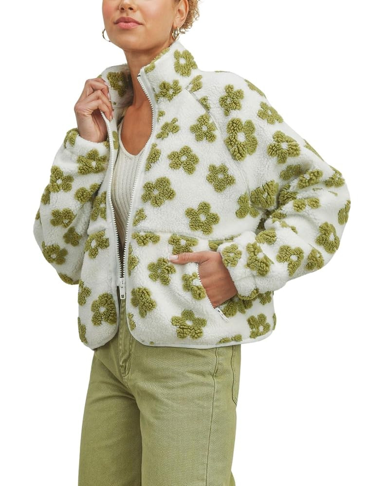 chouyatou Women's Fall Winter Casual Cute Floral Fleece Jacket Fuzzy Zip Up Sherpa Jacket Faux Fu... | Amazon (US)