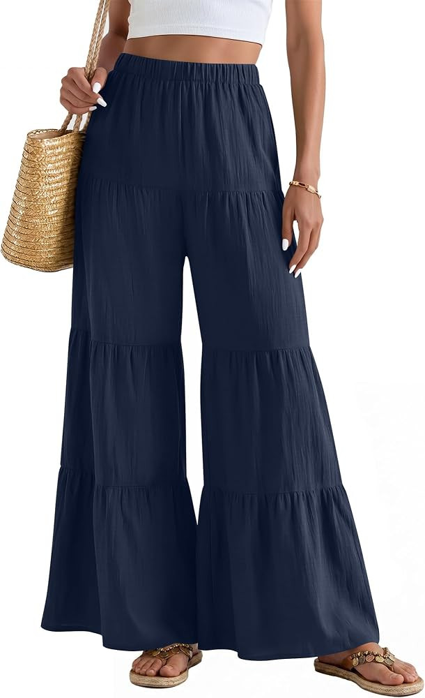 Huukeay Women's Wide Leg Pants Casual Ruffle Palazzo Trousers Lounge Boho Flowy Elastic Waist Bea... | Amazon (US)