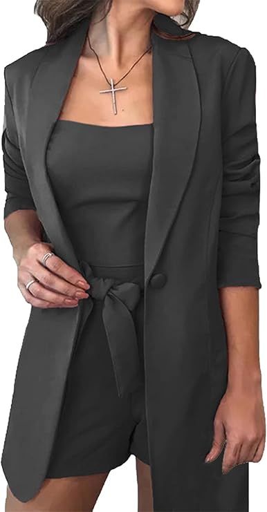 Amazon.com: Women's 3 Piece Outfit Casual Long Sleeves Open Front Blazer Jacket & Tops & High Wai... | Amazon (US)