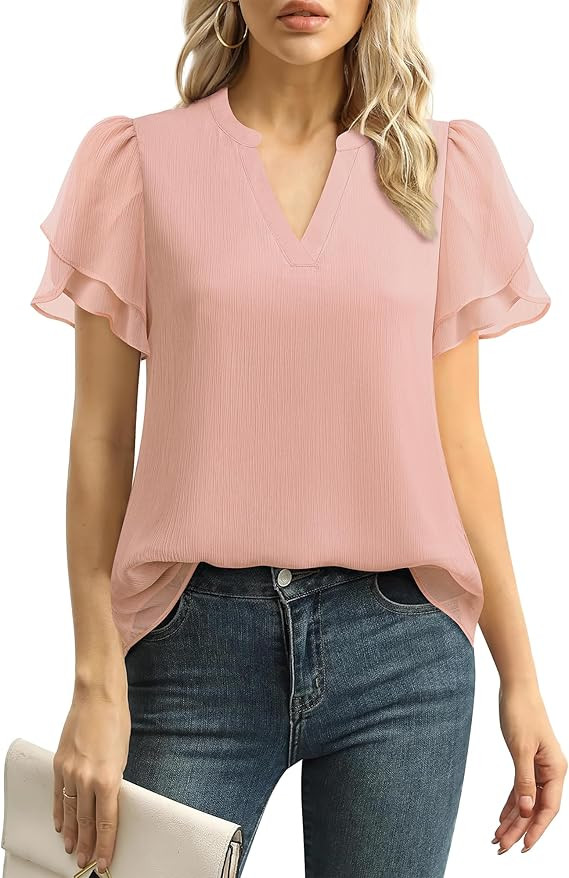 Lotusmile Womens Dressy Chiffon Blouses Summer Puff Petal Short Sleeve Shirts V Neck Casual Work ... | Amazon (US)