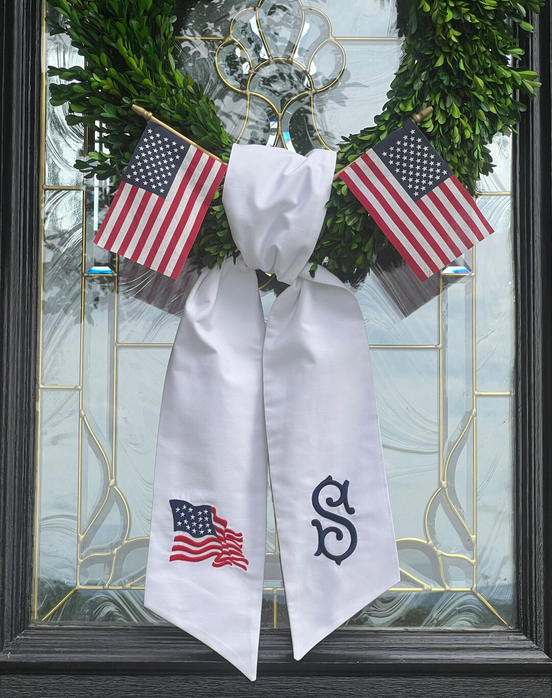 Waving Flag & Monogram Wreath Sash, July 4th Door Decor, Memorial Day Wreath Bow | Etsy (US)