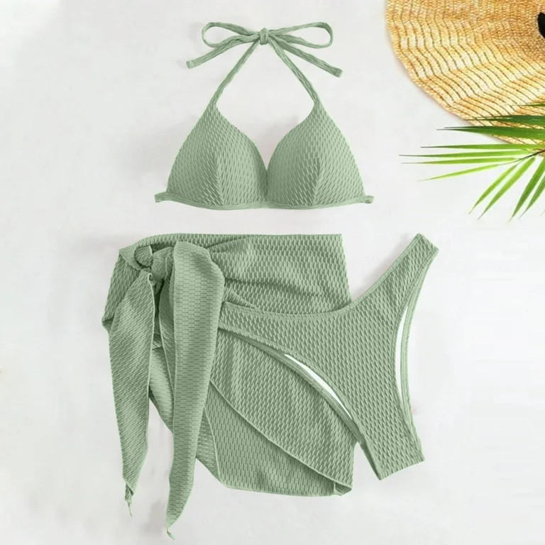 Honeeladyy Womens 3 Piece Textured Swimsuits Halter Triangle Tie Side Bikini Sets Bathing Suit wi... | Walmart (US)