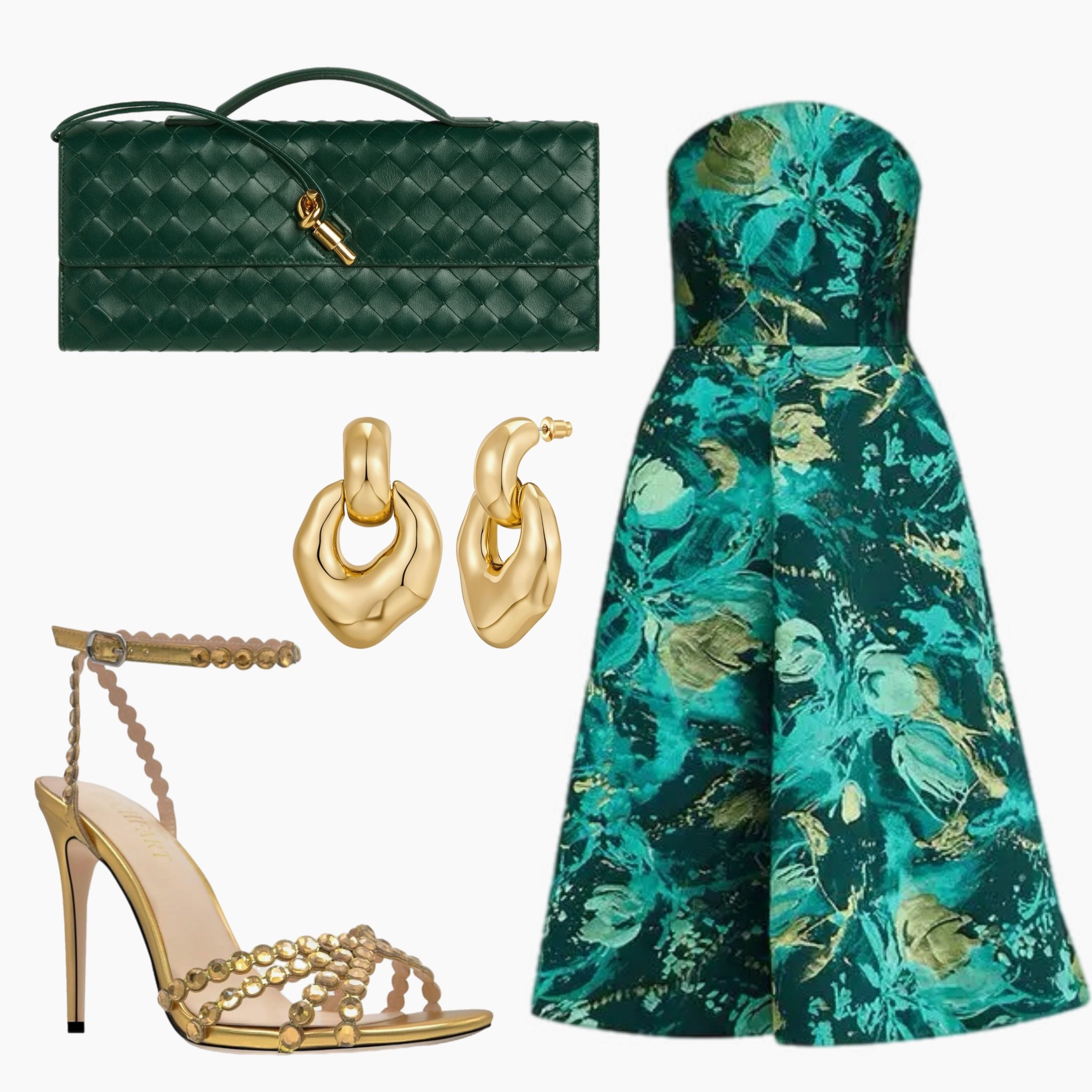 Moody, bold & beautifully luxe 💚
This strapless printed gown makes a statement all on its own, but paired with sculptural gold accessories and strappy heels—it’s elevated elegance for your next evening affair.

#EveningGlam #EmeraldElegance #WeddingGuestStyle #DramaticFlorals #StyledByMar #LTKStyling