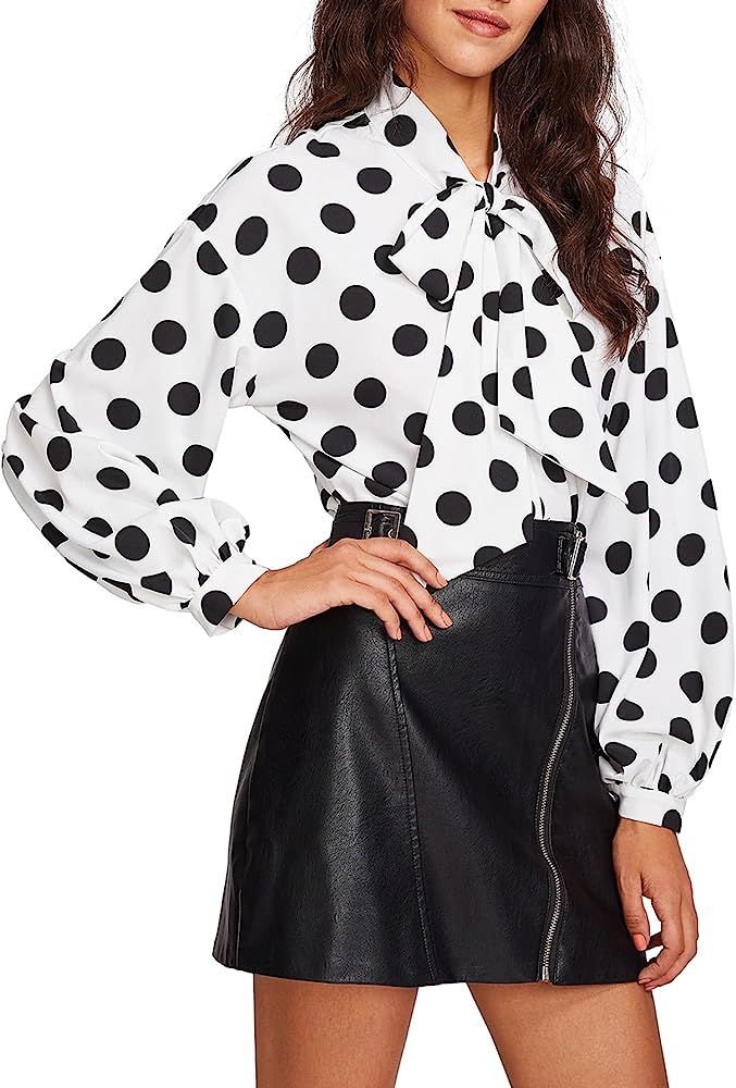 Floerns Women's Bow Tied Neck Lantern Long Sleeve Polka Dots Blouse | Amazon (US)