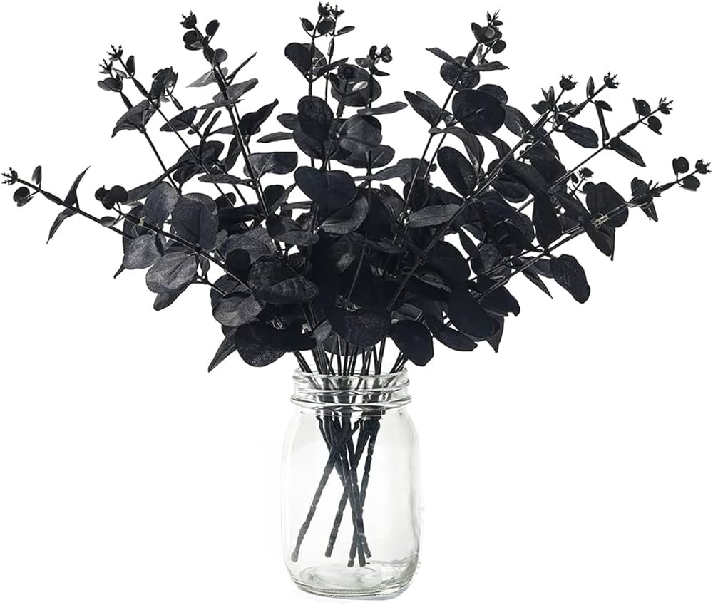 Halloween Black Artificial Flower - Black Artificial Eucalyptus Stems Faux Eucalyptus Leaves Bran... | Amazon (US)