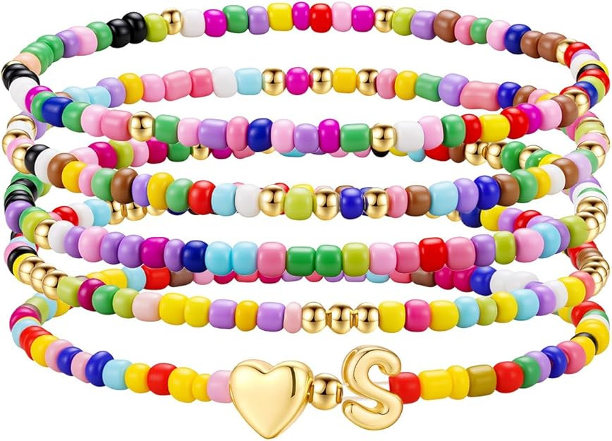 M MOOHAM Valentines Gifts for Kids - 5PCS Colorful Beaded Initial Bracelets for Girls Women Cute ... | Amazon (US)