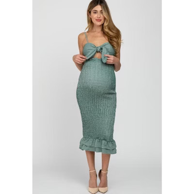 Pinkblush Green Gingham Print Smocked Fitted Self-Tie Maternity Midi Dress Small | Target