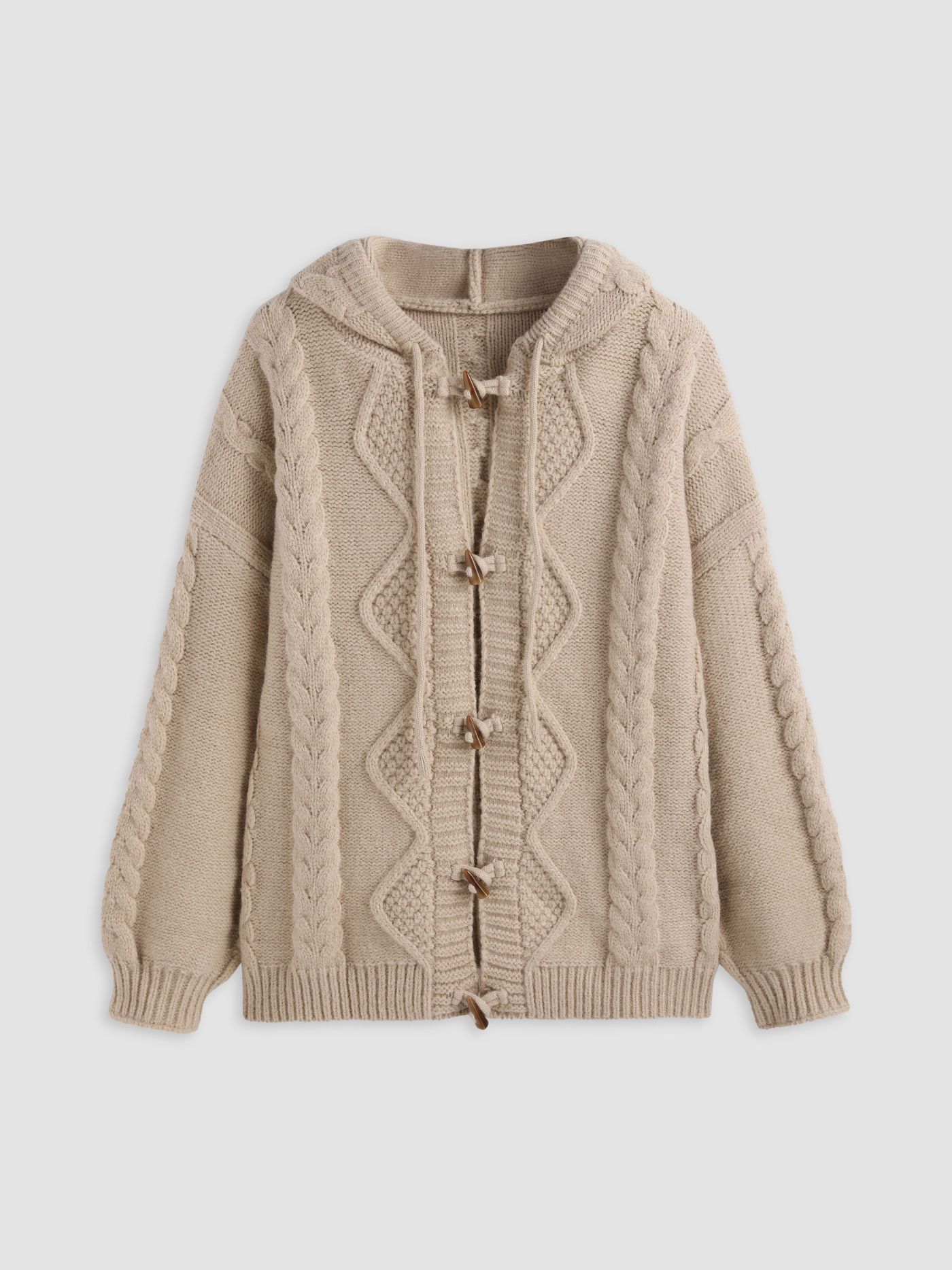 Knit Fabric Wool-blend Hooded Cable Knit Button Cardigan For Daily Casual School | Cider