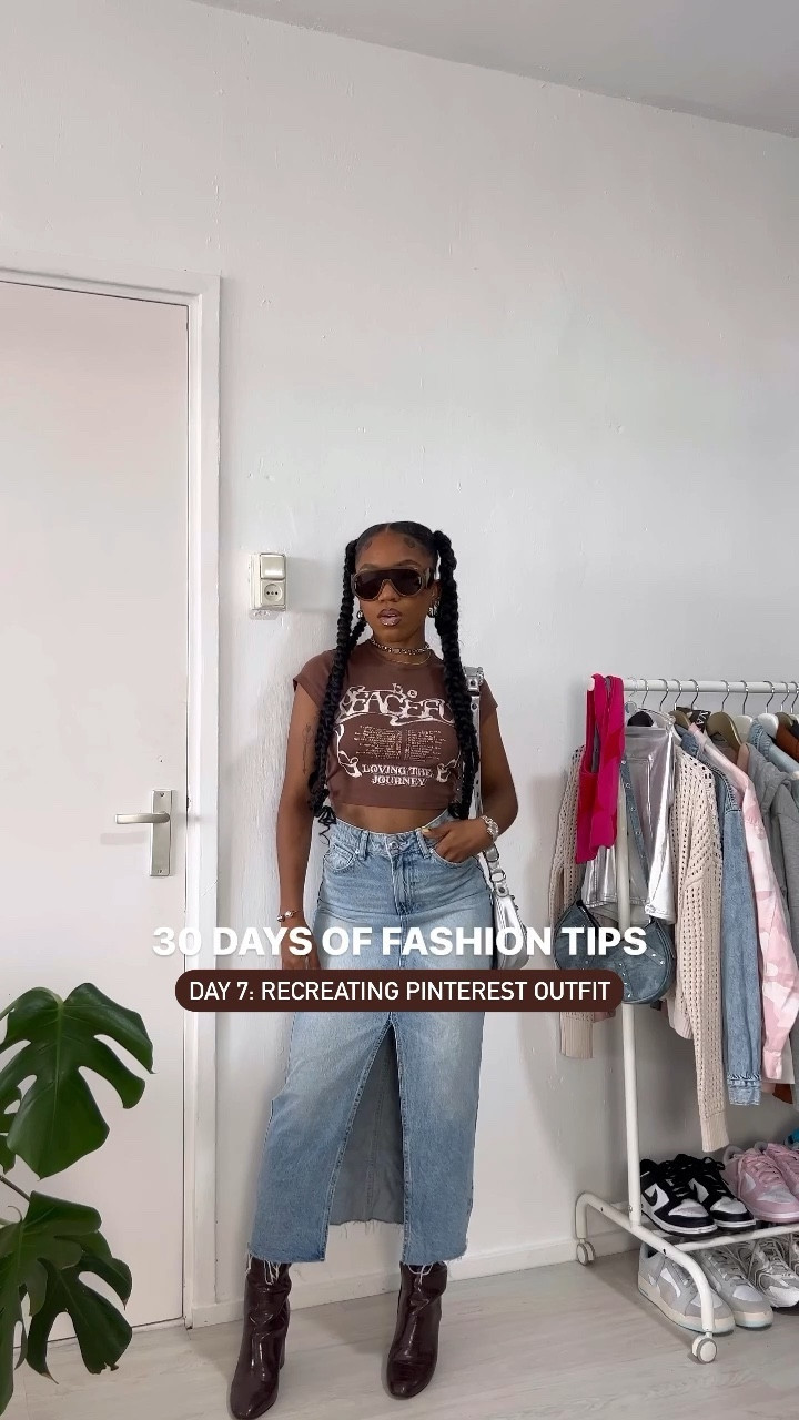 30 days of fashion tips. day 7: recreating pinterest outfit🫶🏾.

graphic tee. baby tee. cropped tee. brown tee. graphic tshirt. maxi skirt. denim skirt. midi skirt. brown boots. high knee boots. denim maxi skirt. light wash jeans. brown outfit. brown top. big sunglasses. brown sunglasses. loewe sunglasses dupe. 

#LTKunder50 #LTKstyletip #LTKFind