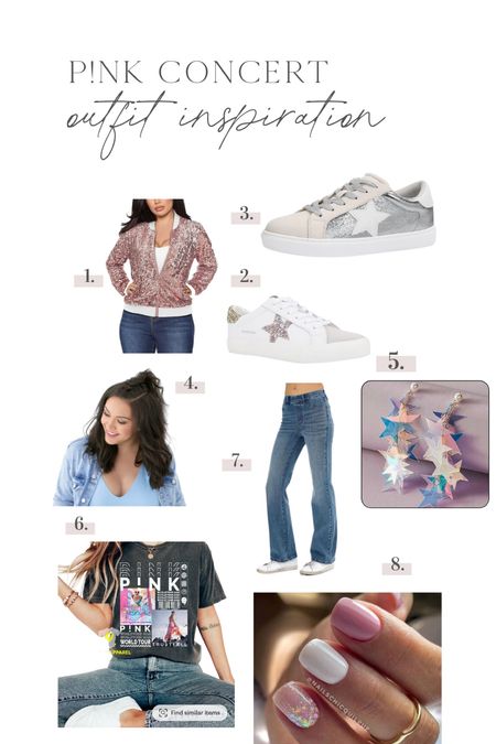 P!NK concert outfit, nails, and hairstyle moodboard with a rose gold sequin bomber jacket, golden goose dupes, graphic tee, etc.

#LTKcurves #LTKmidsize #LTKstyletip