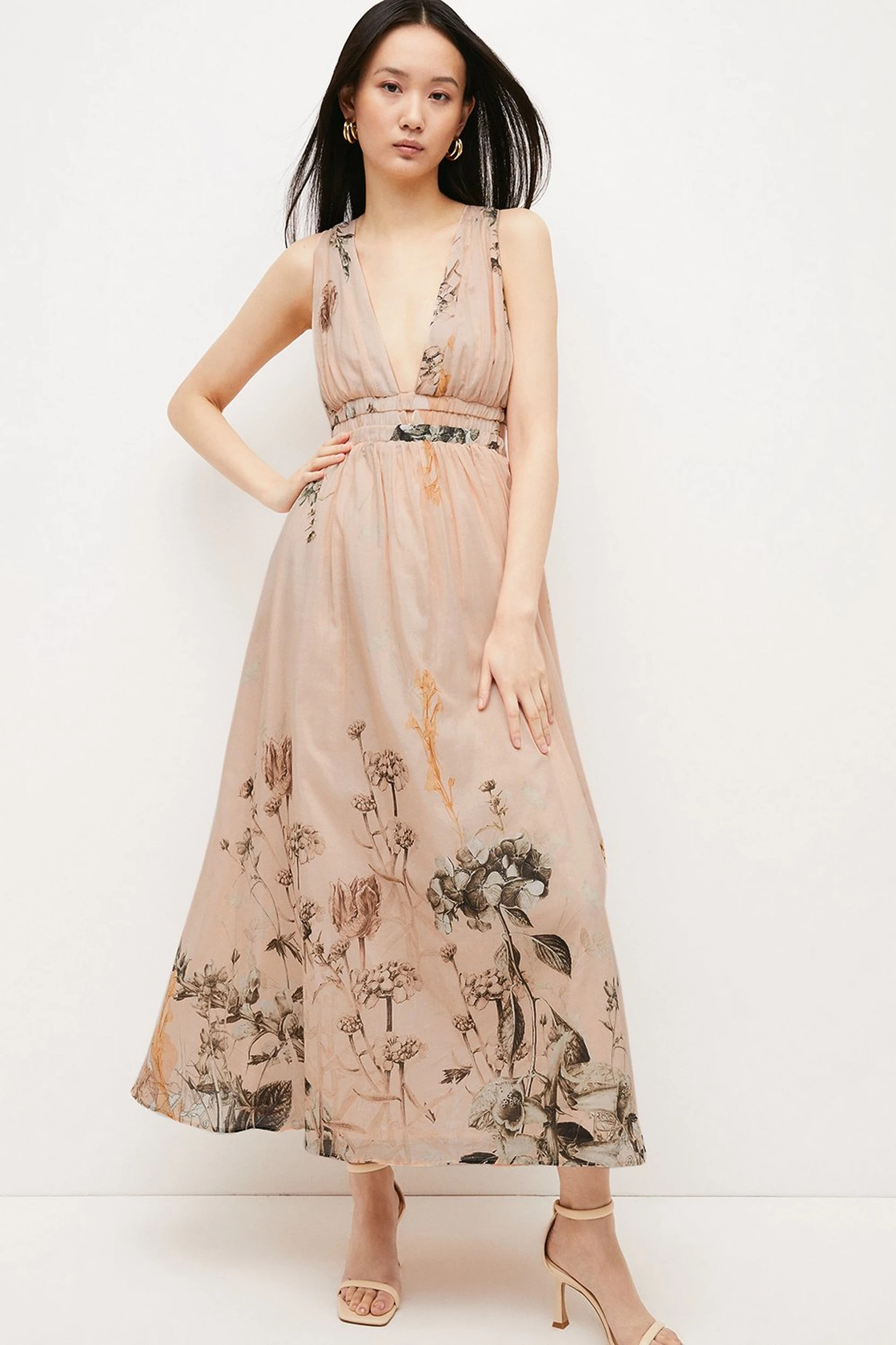Blush Botanical Border Print Silk Cotton Maxi Dress | Karen Millen UK + IE + DE + NL