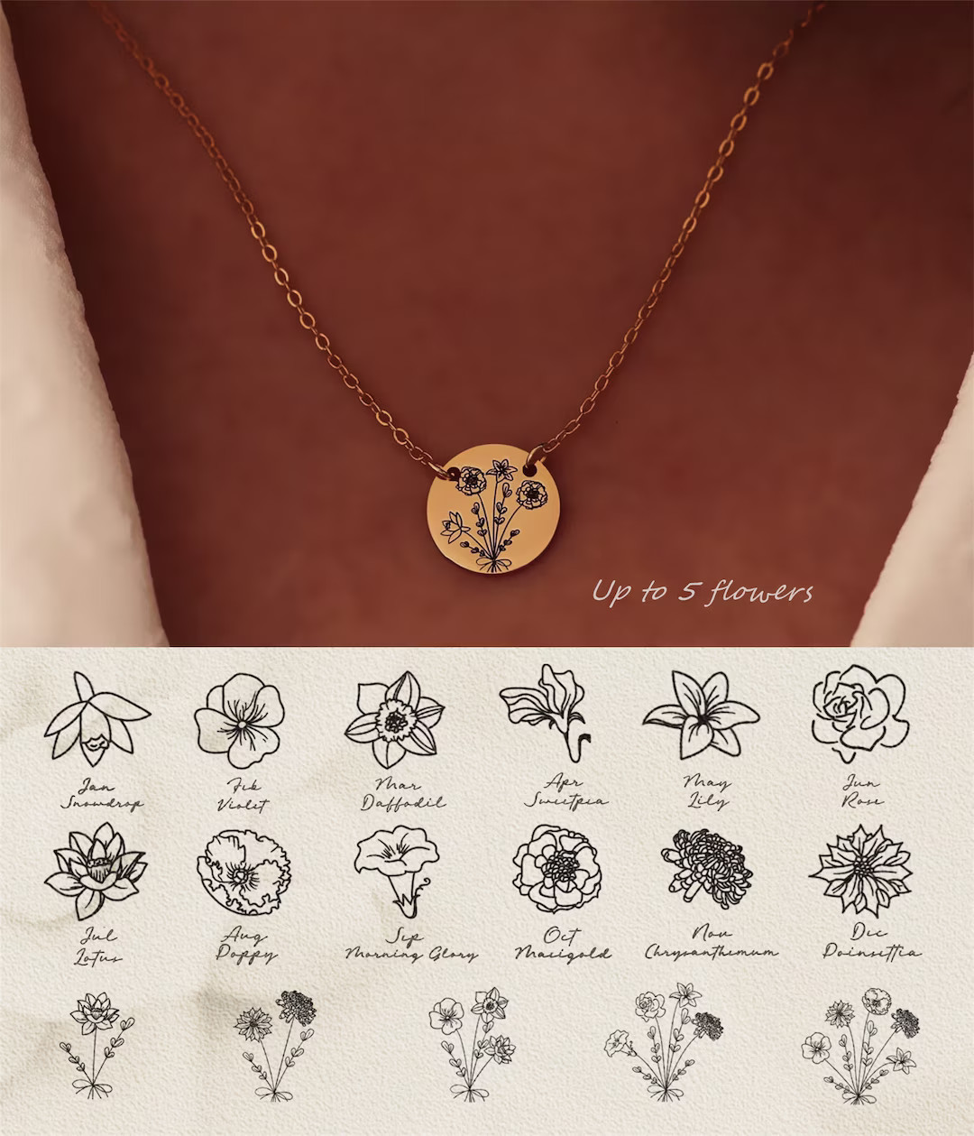 Combined Birth Flower Bouquet Necklace,Gifts for Women,Flower Necklace,Handmade Jewelry,Mom Birth... | Etsy (US)