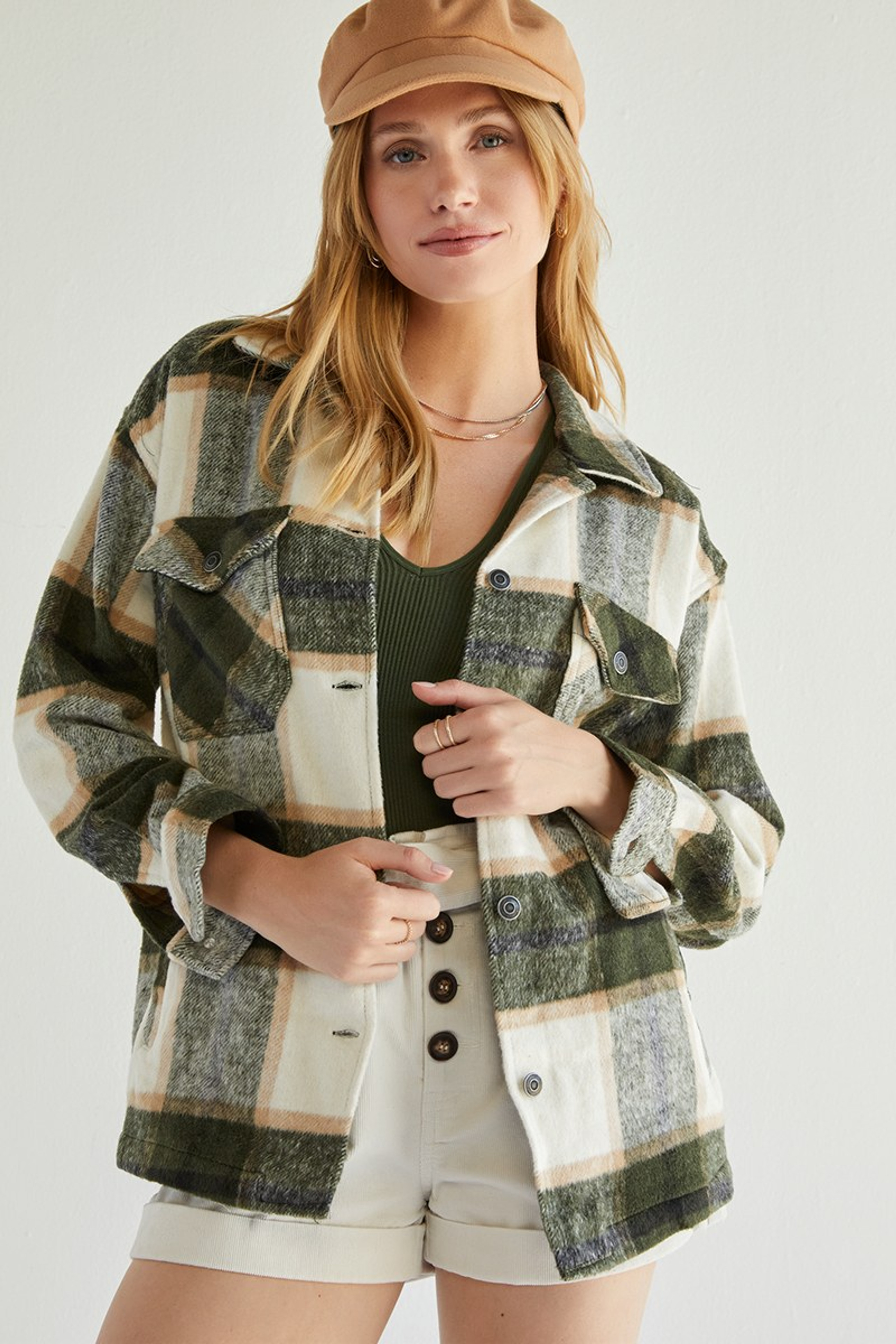 Remi Button Down Plaid Shacket | Francesca's