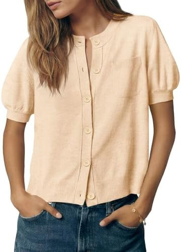 Saodimallsu Womens Puff Short Sleeve Cardigans Crew Neck Button Down Lightweight Casual Summer Kn... | Amazon (US)