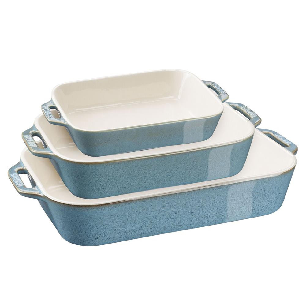 Staub Modern Classic Turquoise Blue Ceramic Rectangular 3 Piece Baking Dish Set | Kathy Kuo Home