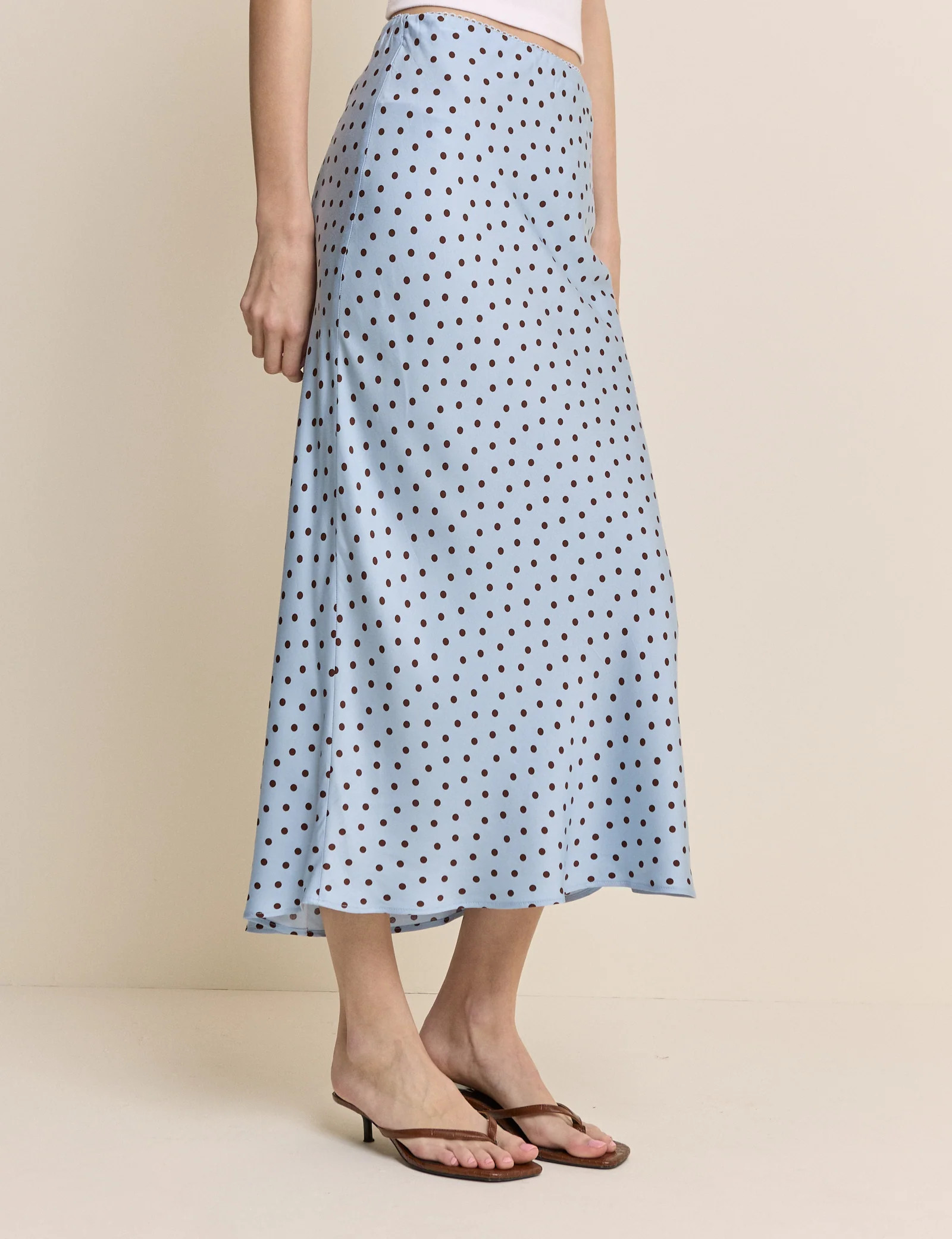 Blue and Brown Polka Dot Satin Midi Skirt | Nobody's Child