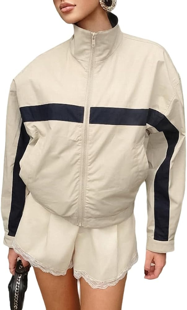 Women's Jackets Long Sleeve Zip Up Color Block Loose Fit Collared Jackets Casual Outfit | Amazon (US)