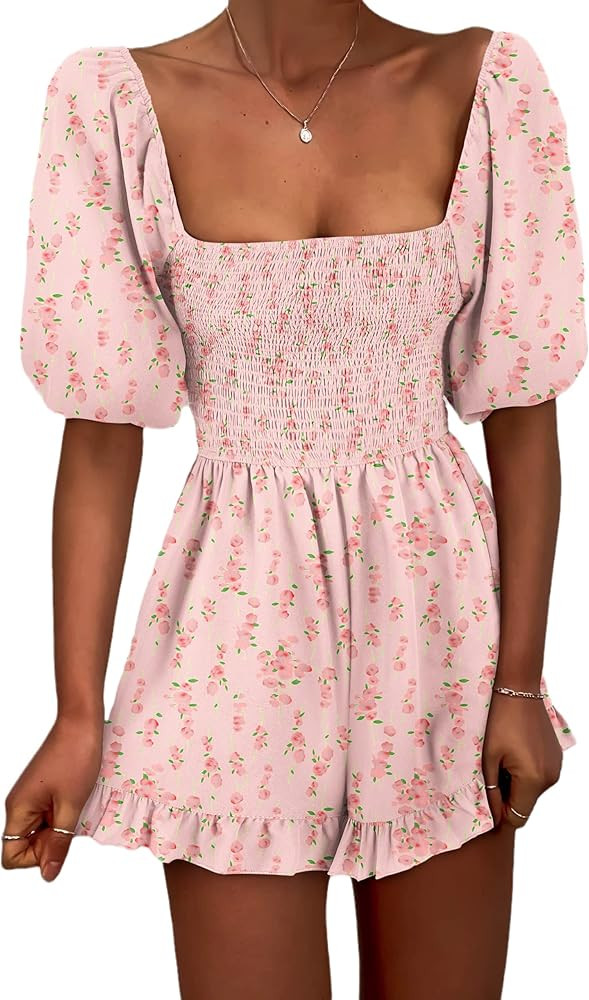 Jeanewpole1 Womens Floral Square Neck Smocked Romper Puff Sleeve Wide Leg Short Jumpsuit | Amazon (US)