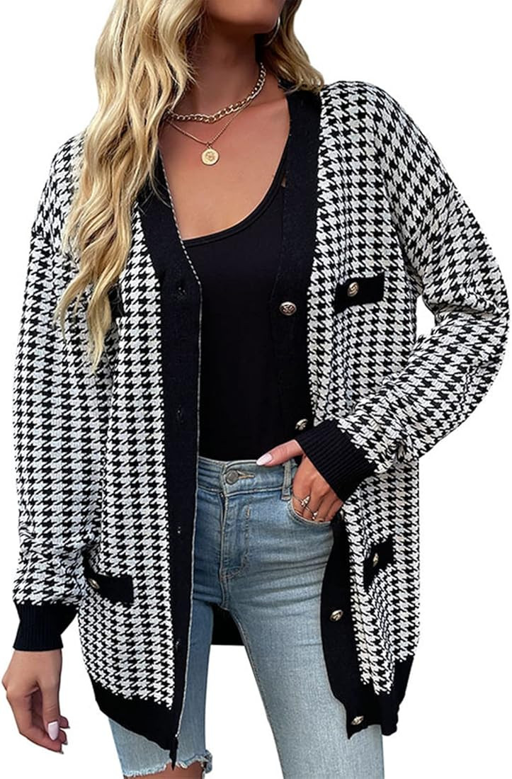 Womens Cardigan Long Cardigan Houndstooth Winter Outwear Cardigan Coat Knitted Coat Medium Length | Amazon (US)